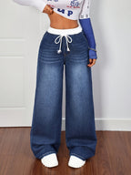 [2026SS And Belt Waistband And Athletic Patchwork And Wide-Leg Cropi] Drawstring Waist Tie Women'S Contrast Pants Waist Casual Wide-Leg Jeans, Women'S Mom Jeans, Jeans, Women'S Flare Pants, Loose Low-Rise Jeans, Cold Weather Clothing - Medium Blue
