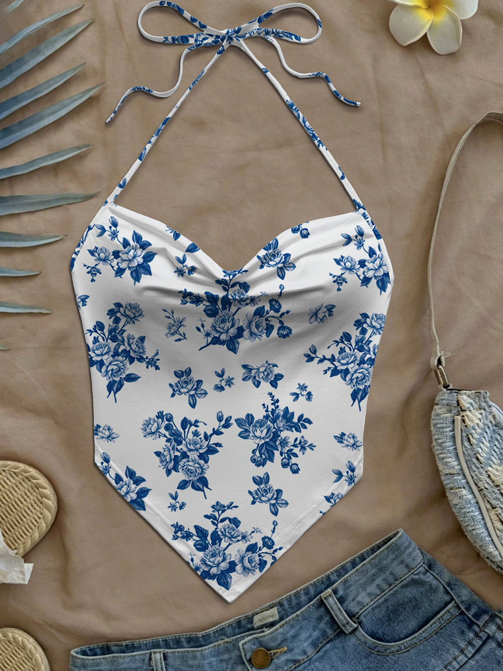 Women Summer New Arrival Hot Boho Casual Beach Vacation Daily Wear Allover Floral Print Sweetheart Neck Halter Tie Crop Top - Royal Blue