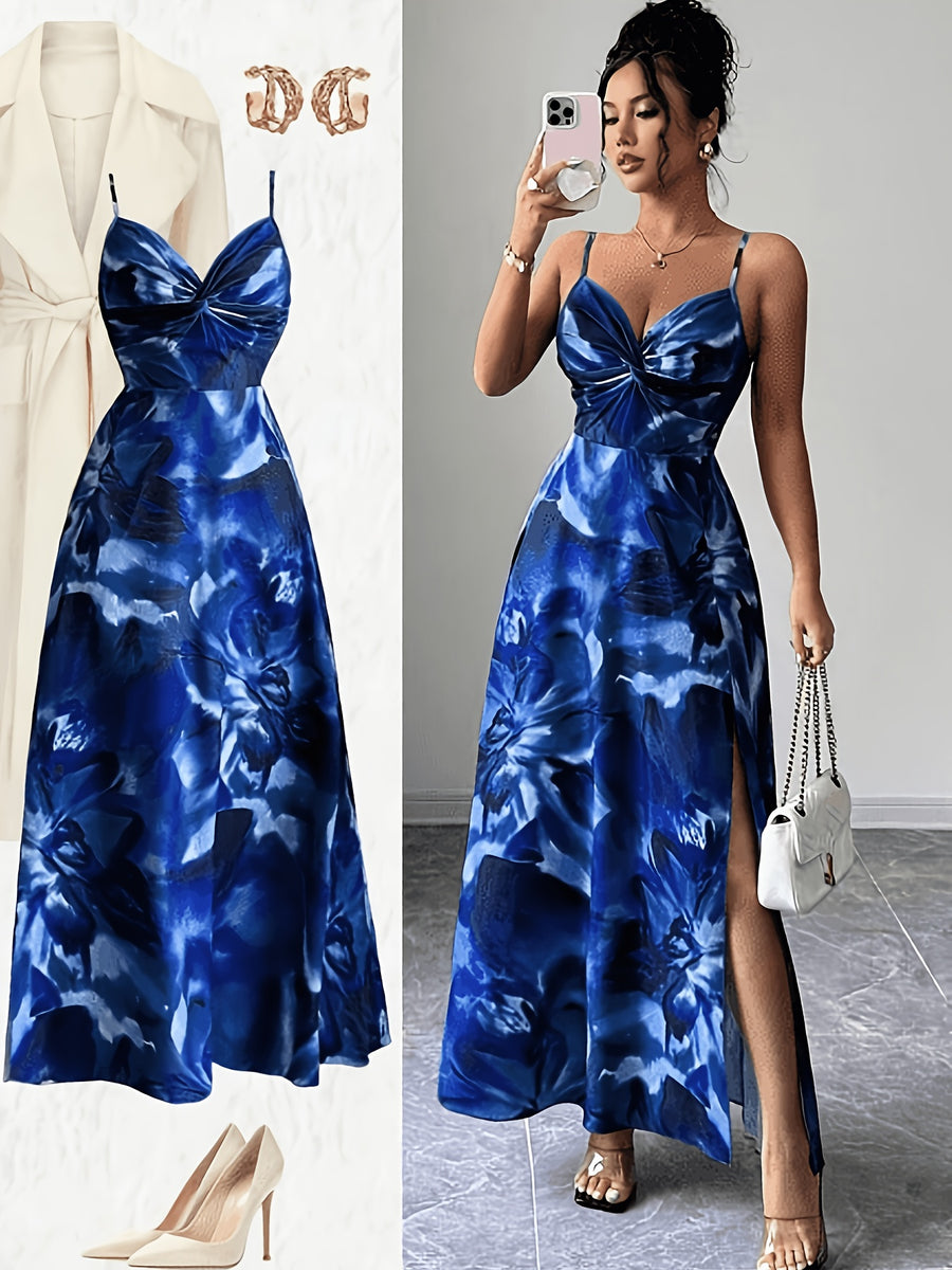 Women's Twisted Twill Front Panel, Waist-Cinching Slit Camisole Dress - Blue