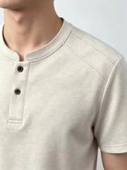 Men'S Solid Black Split Shoulder Mandarin Henley Collar Short Sleeve Top, Summer Office Daily Commute Golf City Street Outfit, Stretch Wrinkle Resistant Cooling Breathable 2-Button Tee, Middle-Aged Gentleman Business Casual Outfit, Minimalist Stand - Beige Color