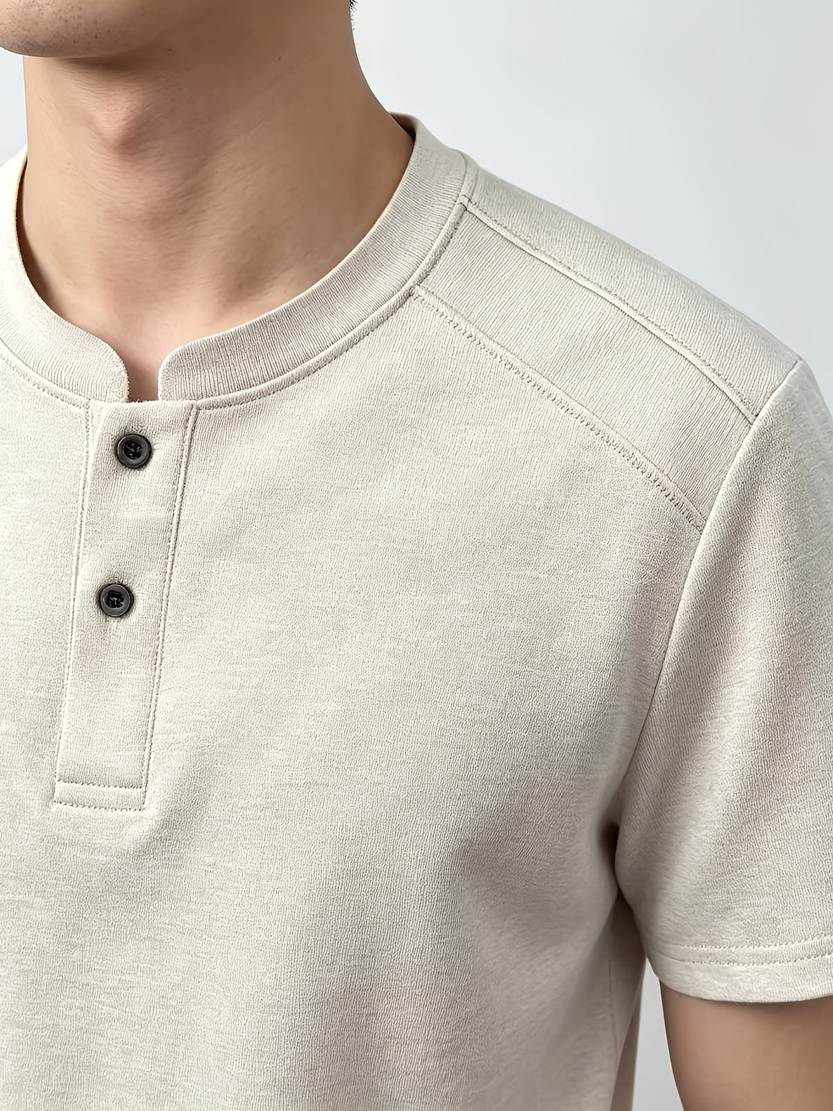 Men'S Solid Black Split Shoulder Mandarin Henley Collar Short Sleeve Top, Summer Office Daily Commute Golf City Street Outfit, Stretch Wrinkle Resistant Cooling Breathable 2-Button Tee, Middle-Aged Gentleman Business Casual Outfit, Minimalist Stand - Beige Color