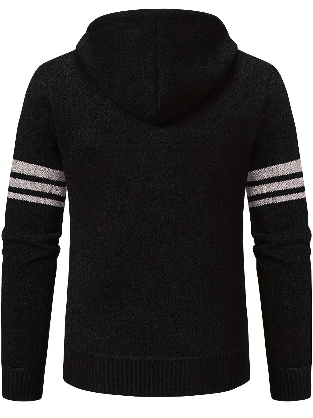 Men'S Striped Fleece Hooded Cardigan, Casual Slightly Stretch Breathable Zip Up Thermal Jacket for Fall Winter Outdoor, Knit - Black