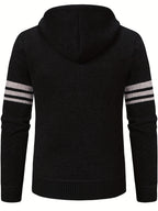 Men'S Striped Fleece Hooded Cardigan, Casual Slightly Stretch Breathable Zip Up Thermal Jacket for Fall Winter Outdoor, Knit - Black