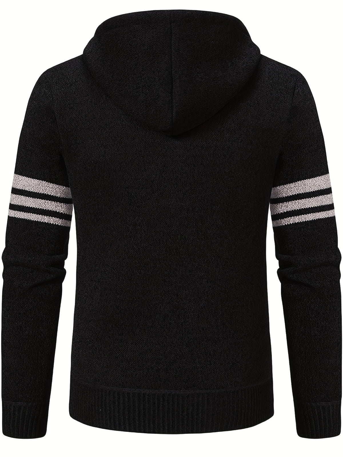Men'S Striped Fleece Hooded Cardigan, Casual Slightly Stretch Breathable Zip Up Thermal Jacket for Fall Winter Outdoor, Knit - Black