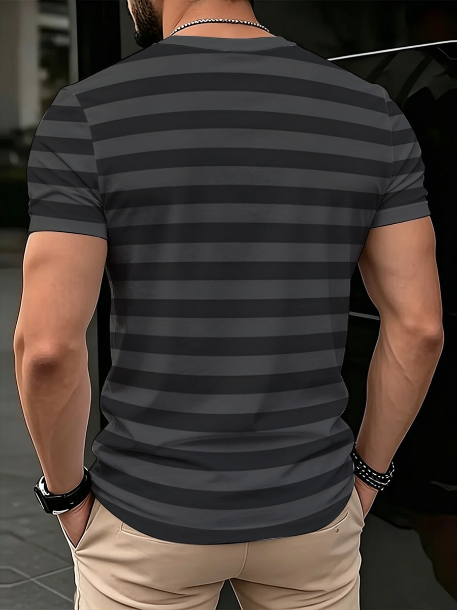 [Print Design-Not Textured] Men'S V-Neck Short Sleeve Top, Contrast Striped Slim Fit Casual T-Shirt, Gray Black Color Block Easy Style Basic Men'S Wear - Print V-Neck T-Shirt - Mixed colors