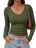 Women'S V-Neck Ribbed Fashion Top, Comfortable Casual Short Sleeve Bodycon Top - Coffee Brown+Olive Green+Black