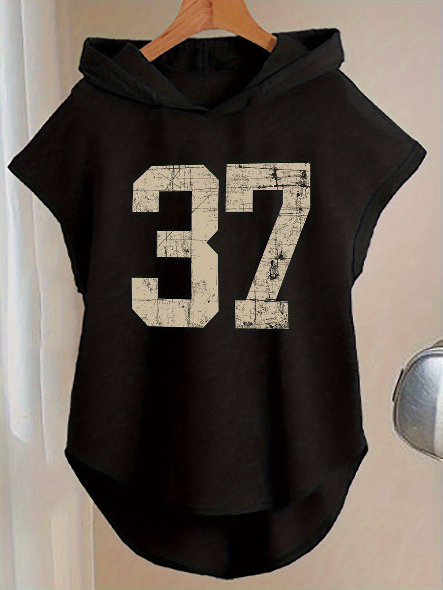 1pc Fashion Top, Polyester Fiber Material, Stylish Women's Waist-Cinching Batwing Short Sleeve Hooded Sweatshirt with Distressed Style Khaki "93.98cm Digital Print, Loose Fit Casual Short Sleeve, Fabric, Spring/Summer, Multiple Colors Available - Black