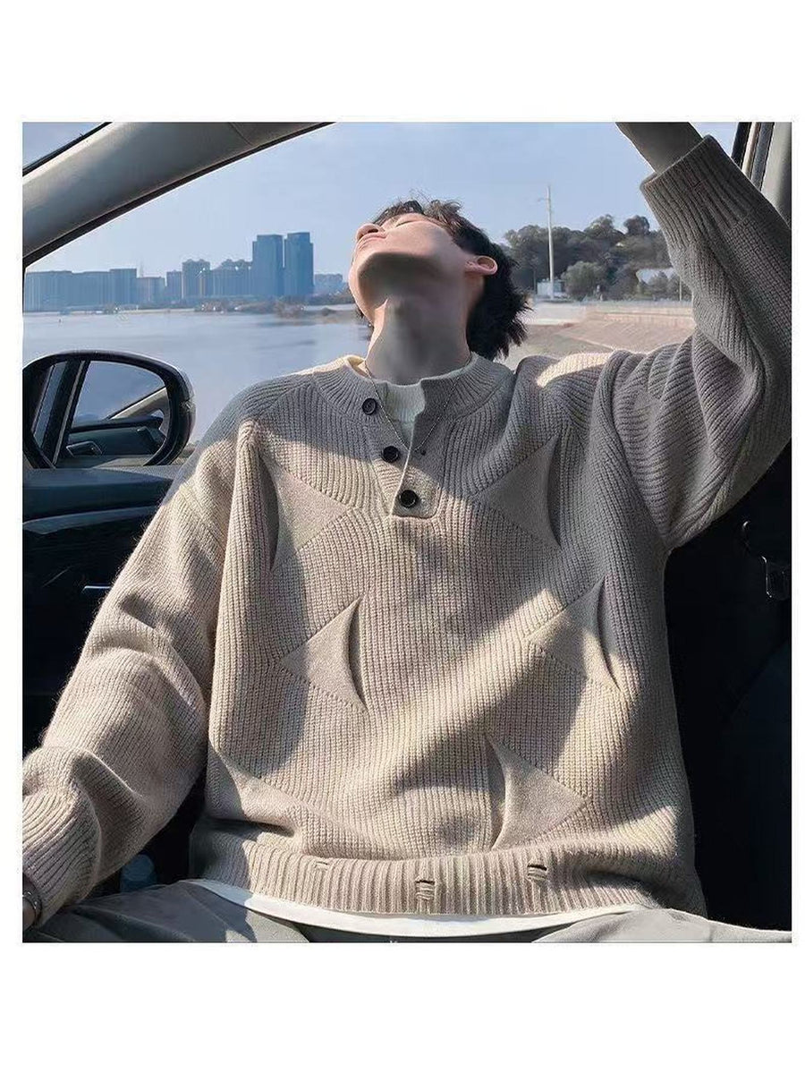 Men's Knitted Sweater, Warm Autumn/Winter, Trendy Jacquard Stand-Up Collar, Comfortable, Warm, and Versatile Knitwear, Casual Men's Apparel - Khaki