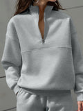 Fall Winter Fashion Women'S Casual Versatile Solid Round Neck Zip-Up Sweatshirt - Grey