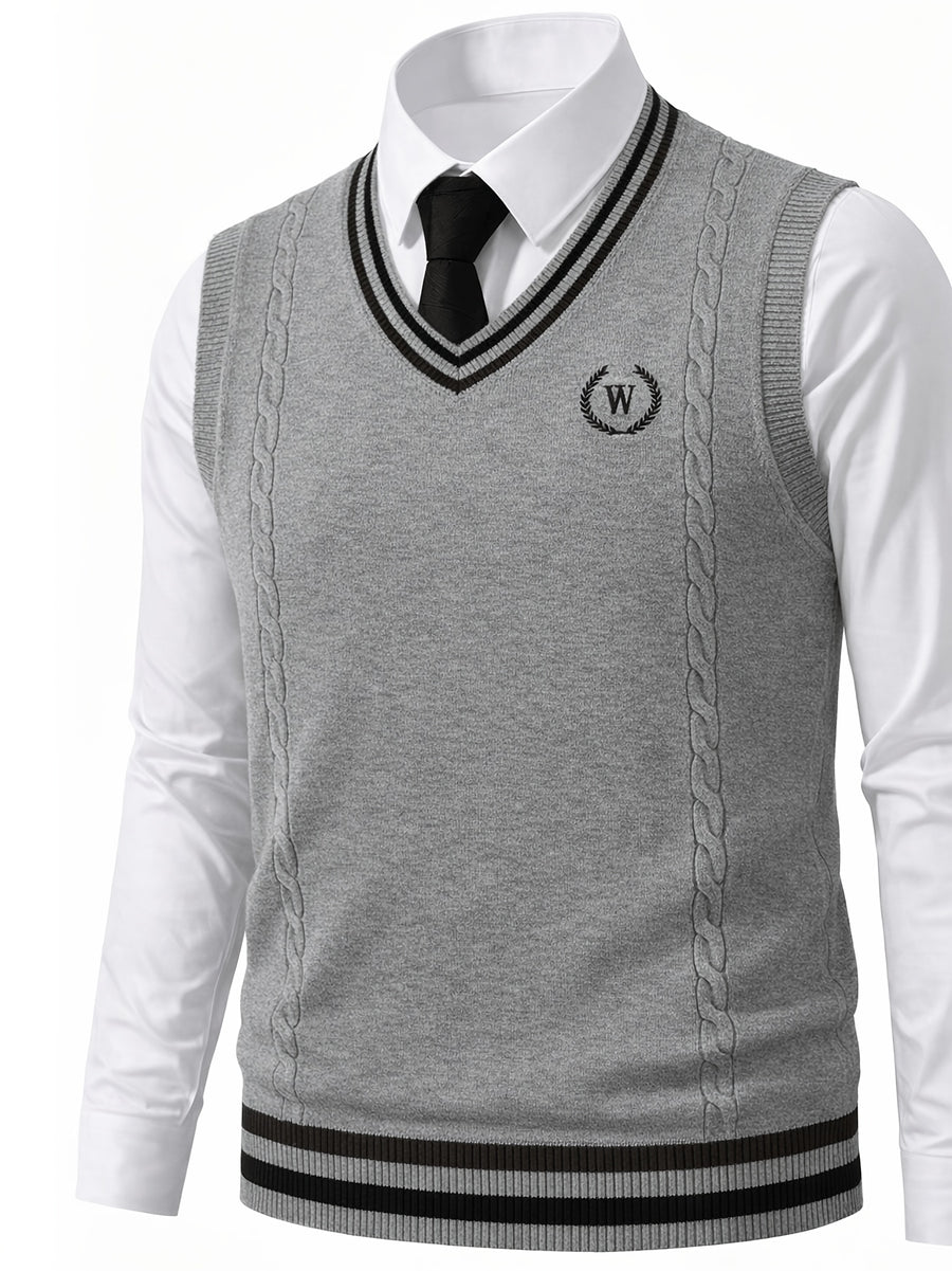 Men's Cable Knit Sweater Vest Sleeveless Striped Trim & Embroidered Logo Waistcoat - Preppy Business Casual Fall Winter Knit Vest Suitable for Office, Semi-Formal Wear, Layering Piece - Grey