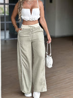 Light Gray-Green Wide-Leg Pants with high waist & wide fit - Light Stretchable suitable for spring Summer - Elegant Y2K Slendering Trousers (Machine Washable) for Jeans/ Dresses/ Casual/ Office - Solid Color - Matcha Color