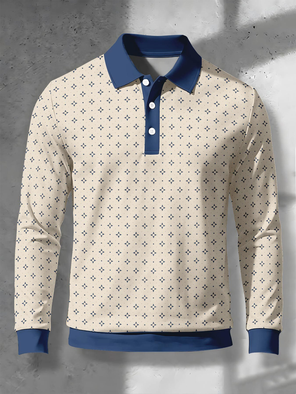 Men's Novelty Fashion Long-Sleeve Top with Fine Starburst Vintage Print, Three-Button Polo Shirt with Access Control Design, Punk Street Style Lapel Top for Daily Commuting and Outings, Surprise Birthday and Holiday Gift for Men - Mixed Color E