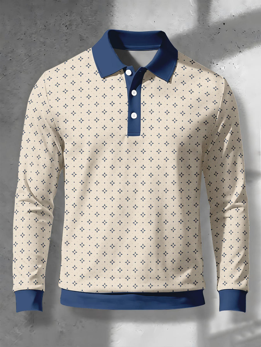Men's Novelty Fashion Long-Sleeve Top with Fine Starburst Vintage Print, Three-Button Polo Shirt with Access Control Design, Punk Street Style Lapel Top for Daily Commuting and Outings, Surprise Birthday and Holiday Gift for Men - Mixed Color E