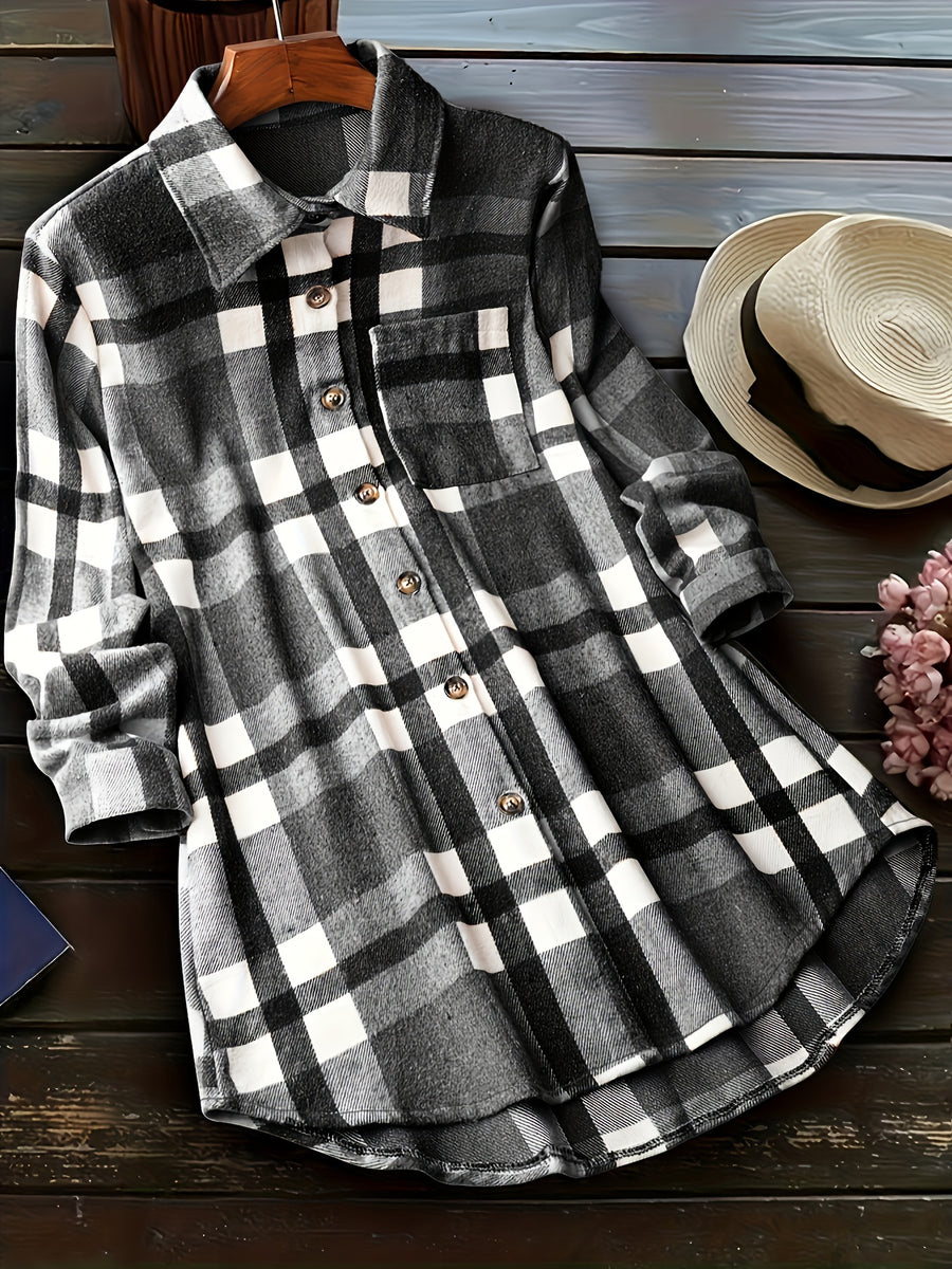 Fashion Women's Plaid Casual Shirt Jacket - Black
