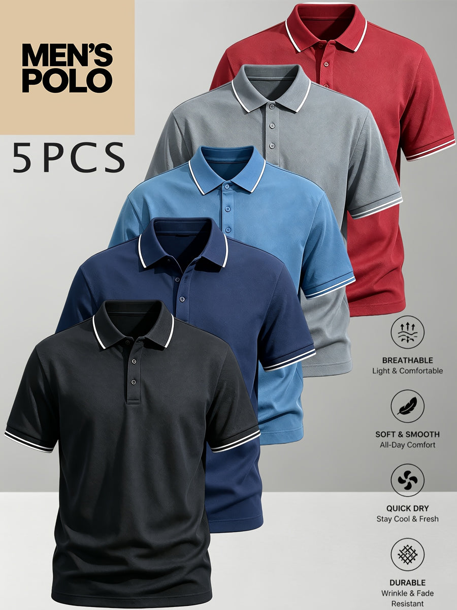 5pcs Set of Men'S Classic Short-Sleeve POLO Shirts, Breathable And Wrinkle-Resistant Casual Golf Tops, Multiple Color Combinations, Easy And Elegant, XS-XXL Plus Size Men'S Clothing, Quality Guaranteed, Meeting Daily Needs - Black+navy blue+blue+grey+red