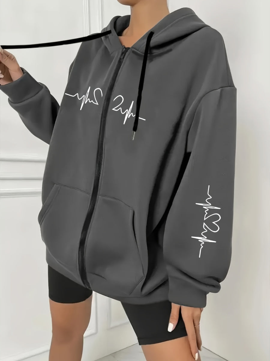 Plus Size - Plus Size - Women'S Plus Size Casual Zip Hoodie with Striking Heart Print, Chest And Sleeve Pattern, Comfortable Machine-Washable Hooded Jacket, And Long-Sleeve Zippered Sweatshirt with Front Pockets - Dark Gray