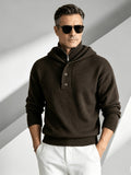 Business-casual Men's Half-zip Button-up Hooded Long-sleeve Knit Sweater, Slim-fit Soft Warm Solid-color Knit Pullover Top, Suitable for Daily, Office, and Weekend Casual Outings in Autumn and Winter - Coffee Color