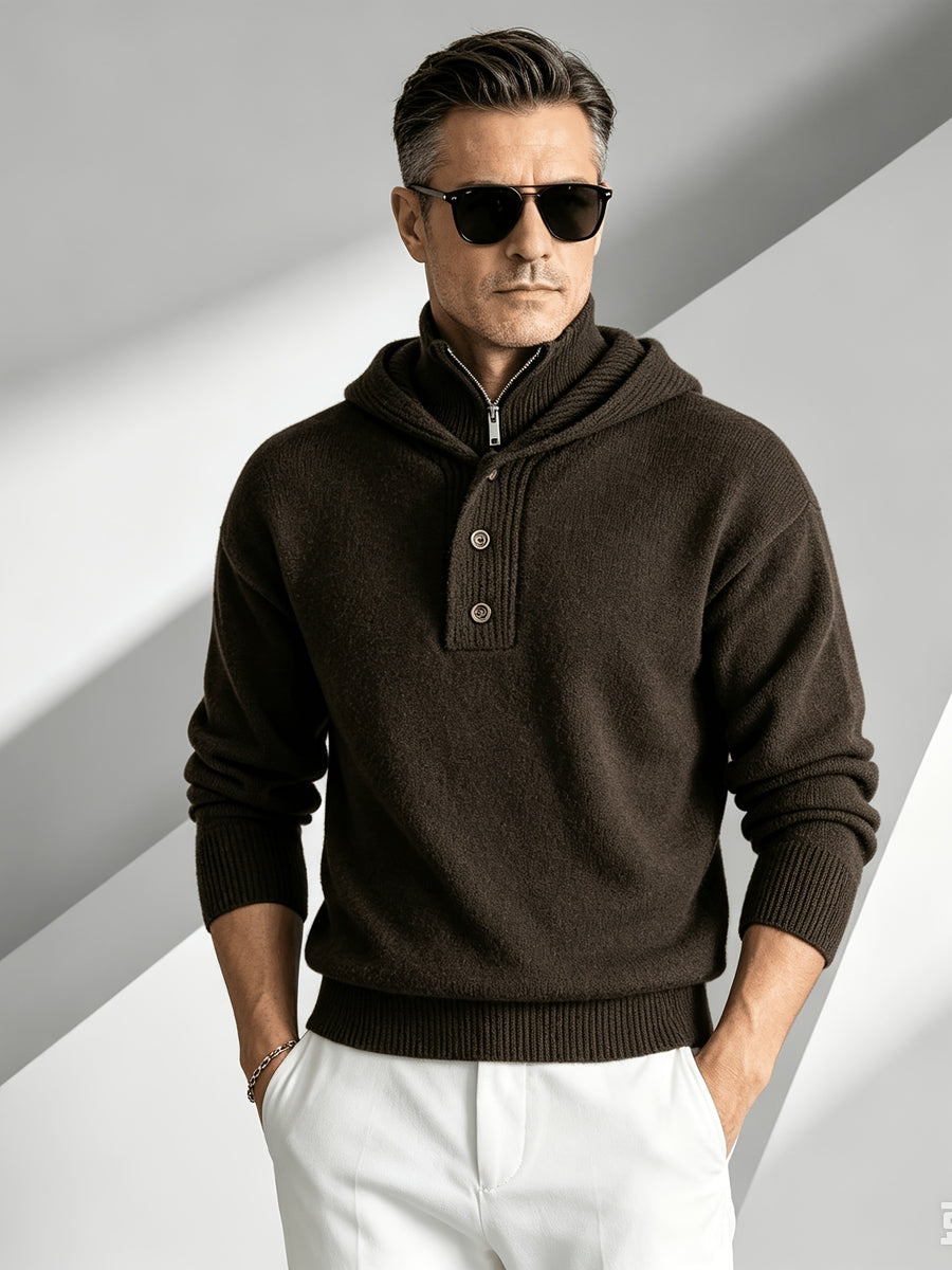 Business-casual Men's Half-zip Button-up Hooded Long-sleeve Knit Sweater, Slim-fit Soft Warm Solid-color Knit Pullover Top, Suitable for Daily, Office, and Weekend Casual Outings in Autumn and Winter - Coffee Color