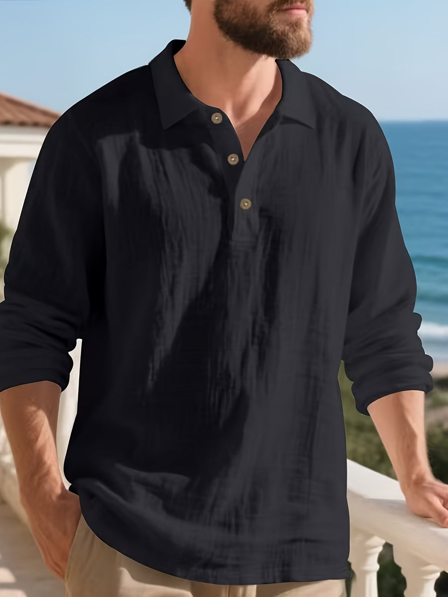 [Pearson OBM] Men'S Casual Fashion Breathable Soft Linen Texture Fabric Anti-Wrinkle Versatile Suitable for Daily Work Commuting Island Vacation Light Business Men'S Shirt - Black