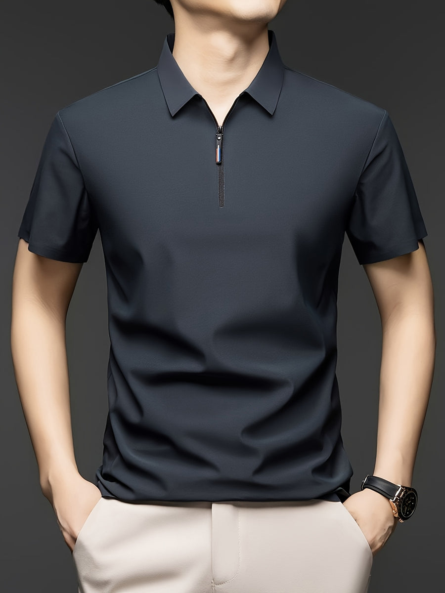 Men's Summer Short-Sleeve Half-Zip Lapel Polo Shirt - Solid Color T-Shirt Suitable for Casual & -Casual Wear, Breathable Half-Zip Collar, Short Sleeve Lapel Collar, Hand Washable Solid Color Polo Tee for Office or Everyday Outfits - Dark Gray