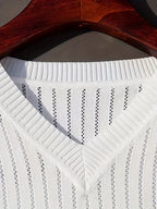 Fiber Fabric Hollow-Out Short Sleeve V-Neck Knitted Sweater, Solid Color, Casual and Versatile - White