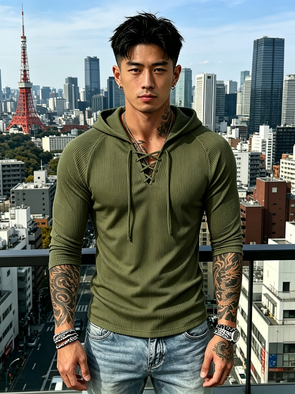 [Josh Mei OBM] Sexy Men'S Nightclub Style Deep V-Neck Lace-Up Hooded Top, Slimming And Flattering, Date Party Statement Piece, Bad Boy Style - Olive Green