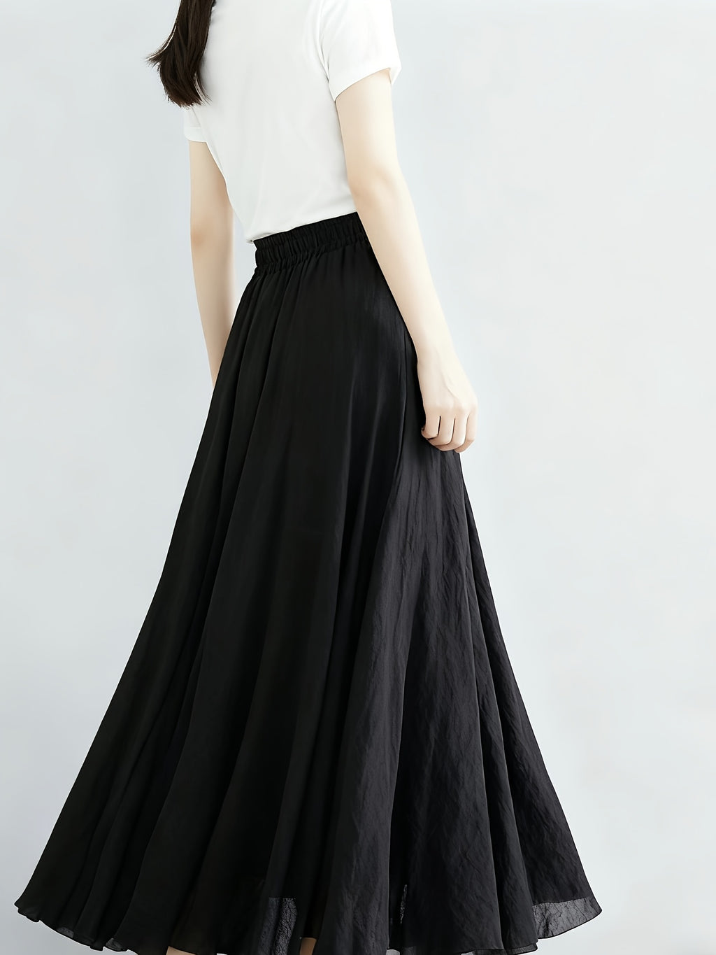 Solid Color Ethnic Style Literary Double-Layer Non-See-Through Midi Skirt for Women, Spring Summer Autumn Zen Style Long Dress with Wide Hem, High Waist Flowy - Black