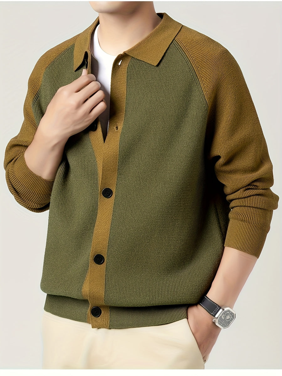 New High-Quality Lapel Button Knit Cardigan, Loose Fit, Fashionable Casual Color-Block Men's Wear, Stylish and Handsome Wool-Blend Warm Top, Autumn/Winter Men's Sweater Jacket K523 - Green