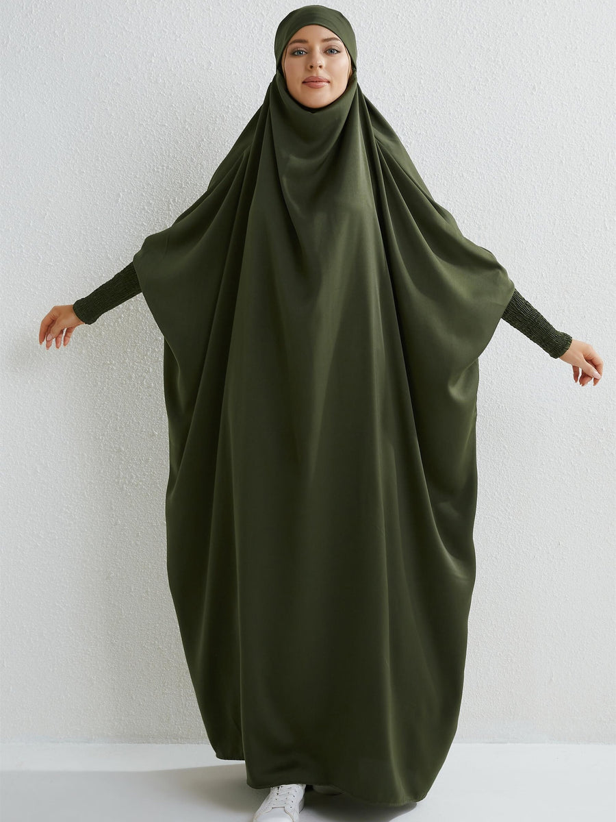 Islamic Attire for Women Featuring a Hooded Jilbab with Smocking Sleeves, Designed for Prayer, Suitable for Modesty in Dubai And Saudi Arabia, Available in Black - Army Green