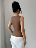 Women's Fashionable T-shirt Top with Slit Side Hem, Off-shoulder Neckline, and Decorative Embellishments - Dark Brown
