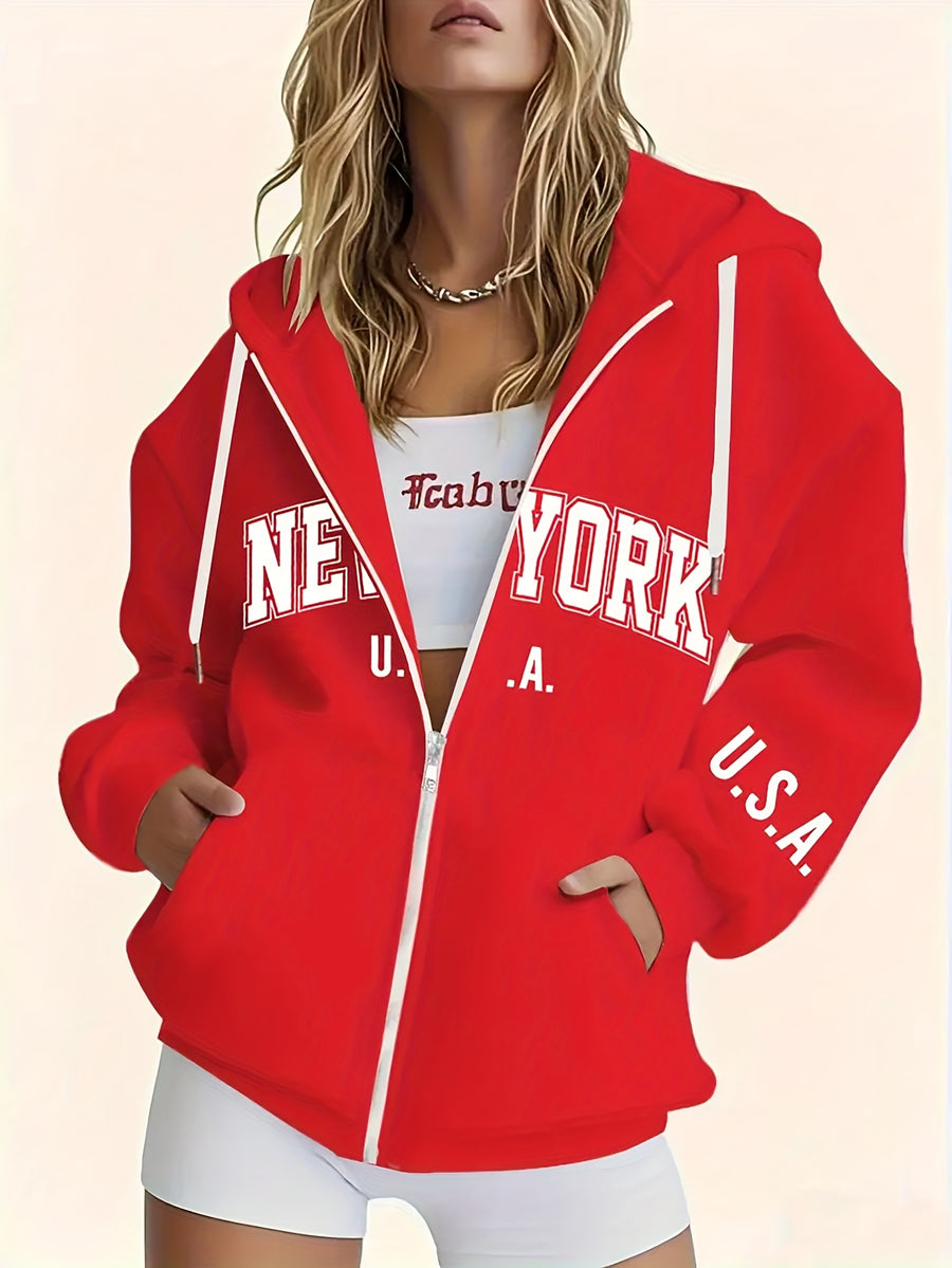 American Casual Style Women's Sweatshirt with Letter Print, Casual Zip-Up Hoodie in Loose Fit, Suitable for Autumn & Winter Wear - Red 1