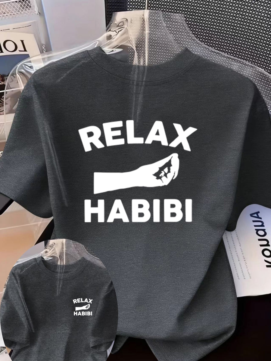 Front And Back Printed Women'S Fashion Base Print T-Shirt, Soft And Versatile, Casual Style Printed Pattern with RELAX HABIBI Lettering And Hand Gesture Design Printed Short Sleeve T-Shirt, Suitable for Casual Wear, Fashion All-Season Top - Dark Gray