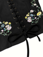 Women's Bohemian Brown & Floral/Leaf//Star/Bird/Bee/Bubblegum/Heart/Starfish/Lace-like Threading Embellished Square Neck Lace-like Top - Short Sleeve Lacing-Front Closure Boho-Chic Blouse for Music Festivals & Parties ( - Black