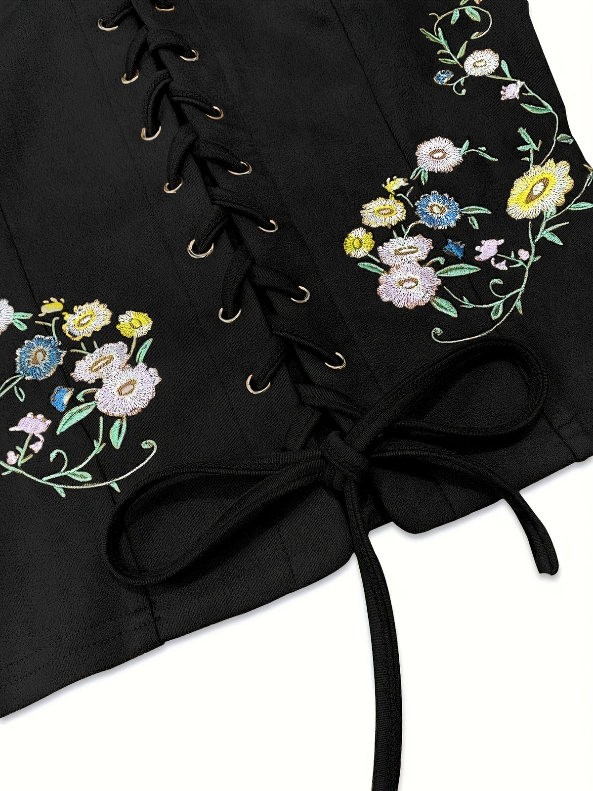 Women's Bohemian Brown & Floral/Leaf//Star/Bird/Bee/Bubblegum/Heart/Starfish/Lace-like Threading Embellished Square Neck Lace-like Top - Short Sleeve Lacing-Front Closure Boho-Chic Blouse for Music Festivals & Parties ( - Black