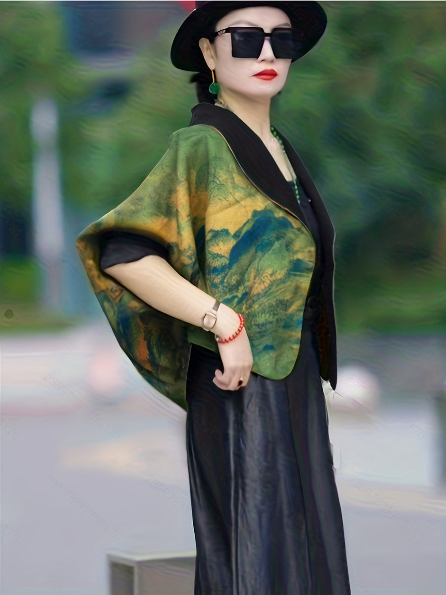 New Stylish Casual Ink Wash Printed Reversible Loose-Fitting Long-Sleeve Short Women'S Jacket - Yellow-green