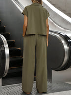 Women's Casual Solid Color Shirt and Pants 2pcs Set, Spring Summer 2pcs Set: Solid Color Button-Up Short Sleeve Top and Pocket Pants, Women's Casual Elegant Spring Summer 2pcs Outfit, Women's Outing and Date Wear, Spring Summer Women's Clothing - Olive Green