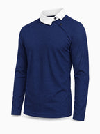Pearson OBM Christmas Holiday Event, 1pc Adult Men's Multi-Color Fine Waffle Knit Long-Sleeve Lapel Top with Contrast Collar, Dual Black Buttons, and Asymmetrical Slanted Placket Design, Vintage Street-Style Light Luxury Look, Comfortable Fit - Navy Color