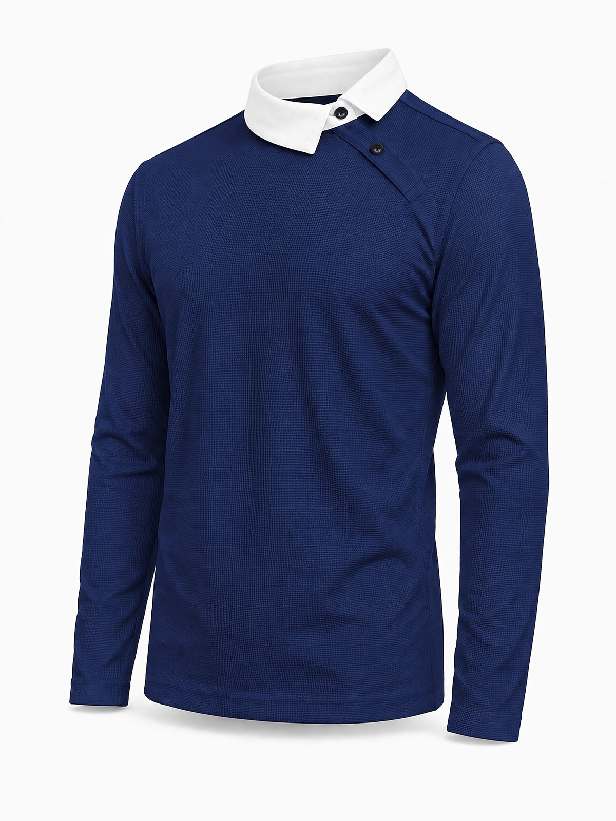 Pearson OBM Christmas Holiday Event, 1pc Adult Men's Multi-Color Fine Waffle Knit Long-Sleeve Lapel Top with Contrast Collar, Dual Black Buttons, and Asymmetrical Slanted Placket Design, Vintage Street-Style Light Luxury Look, Comfortable Fit - Navy Color