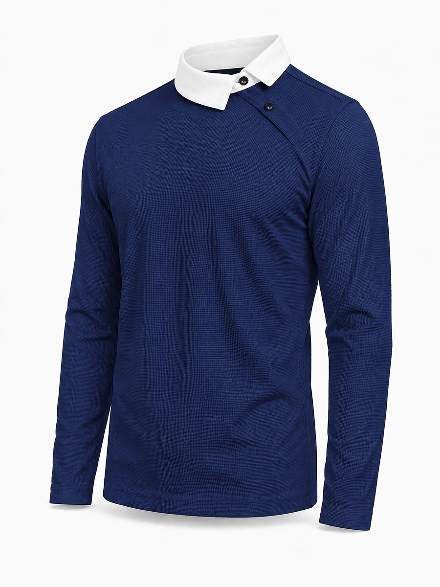 Pearson OBM Christmas Holiday Event, 1pc Adult Men's Multi-Color Fine Waffle Knit Long-Sleeve Lapel Top with Contrast Collar, Dual Black Buttons, and Asymmetrical Slanted Placket Design, Vintage Street-Style Light Luxury Look, Comfortable Fit - Navy Color
