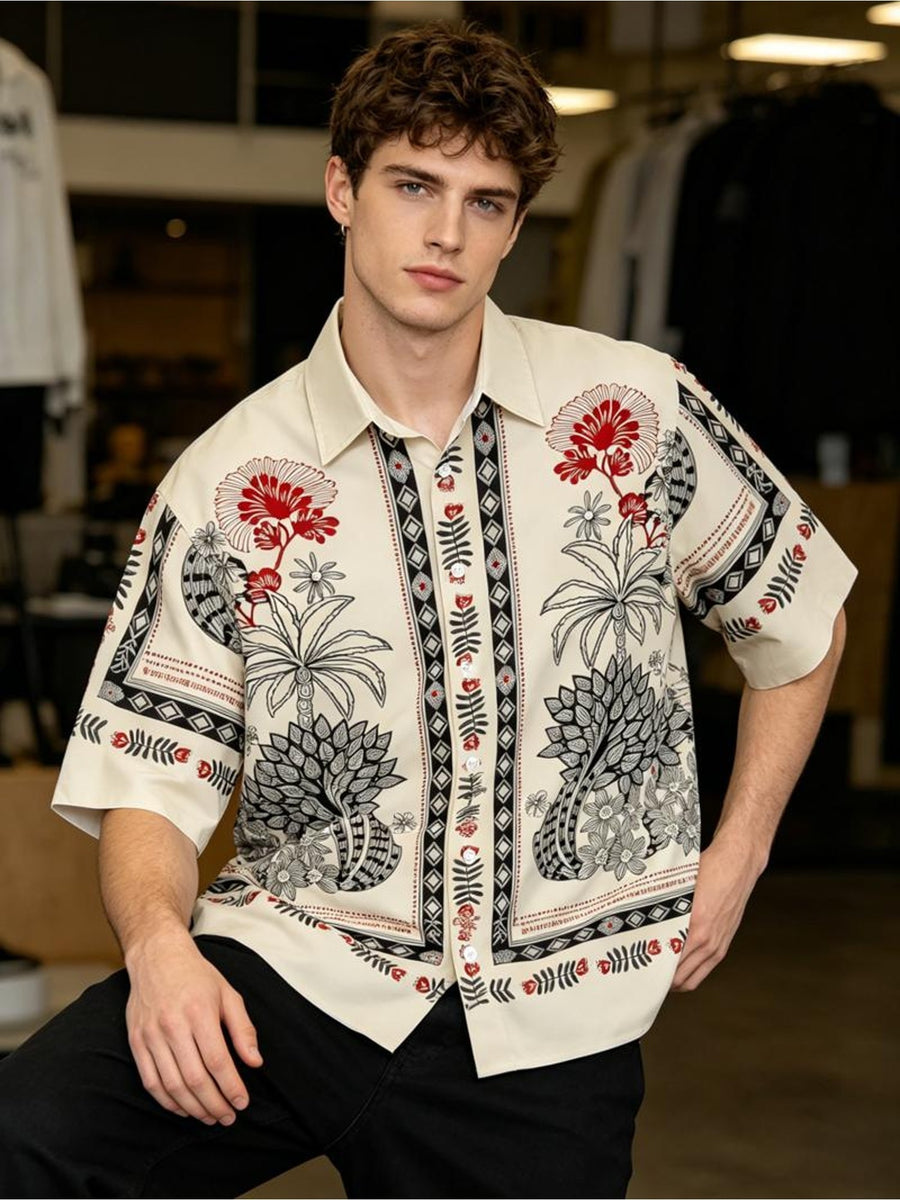 Men's Ethnic Style Tropical Plant and Geometric Border All-Over Print Short Sleeve Button- Shirt, Lapel Loose Street Style Cropped Top, Suitable for Daily Casual, Outdoor Outings, Travel Vacations, and Party Gatherings; Spring/Summer Fashion Men's - Mixed colors