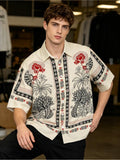Men's Ethnic Style Tropical Plant and Geometric Border All-Over Print Short Sleeve Button- Shirt, Lapel Loose Street Style Cropped Top, Suitable for Daily Casual, Outdoor Outings, Travel Vacations, and Party Gatherings; Spring/Summer Fashion Men's - Mixed colors