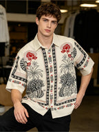 Men's Ethnic Style Tropical Plant and Geometric Border All-Over Print Short Sleeve Button- Shirt, Lapel Loose Street Style Cropped Top, Suitable for Daily Casual, Outdoor Outings, Travel Vacations, and Party Gatherings; Spring/Summer Fashion Men's - Mixed colors