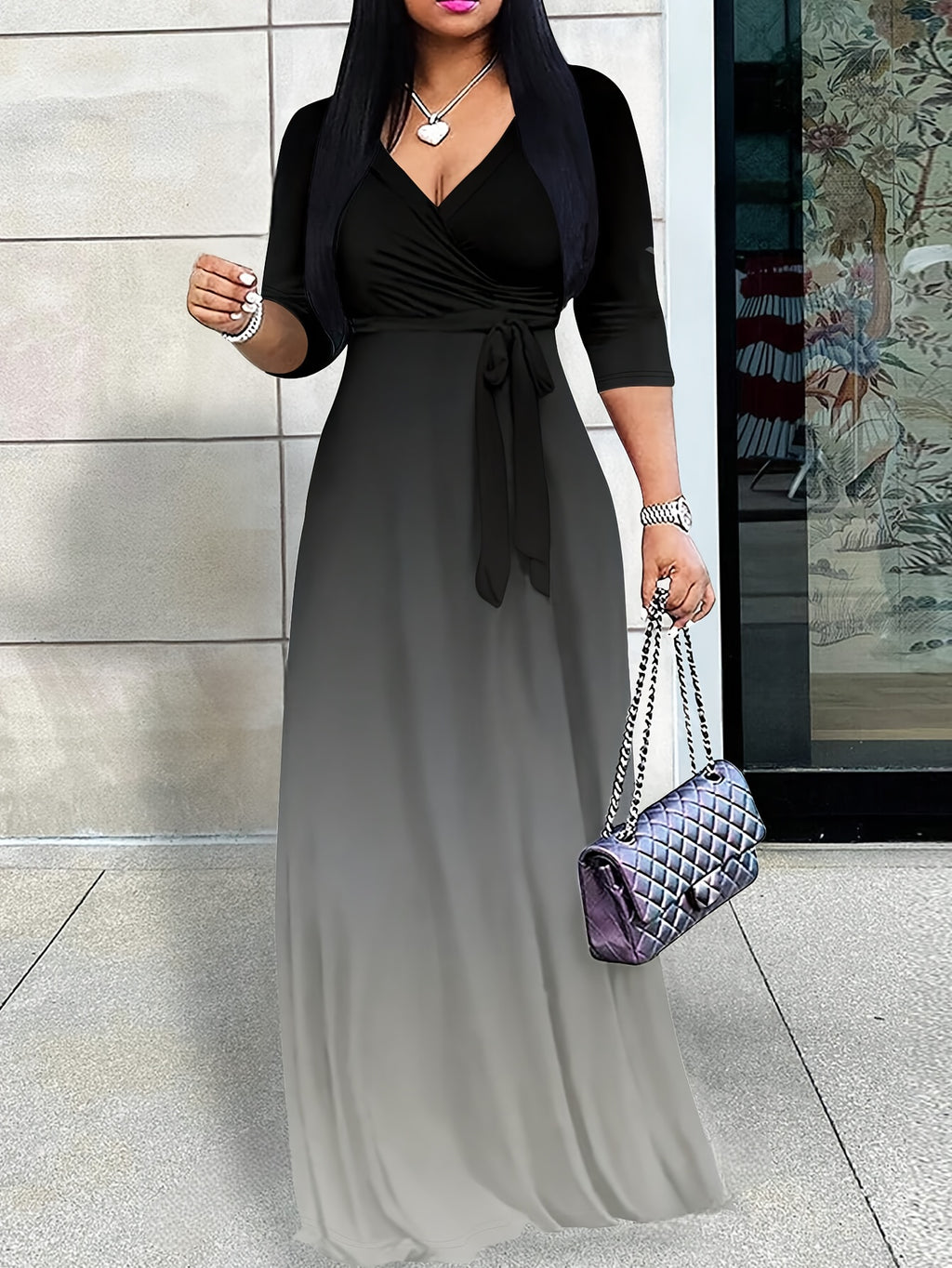 Western Fashion Solid Color V-Neck Women'S Dress Elegant Long Dress with Belt - Black And Gray Gradient