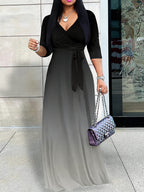 Western Fashion Solid Color V-Neck Women'S Dress Elegant Long Dress with Belt - Black And Gray Gradient