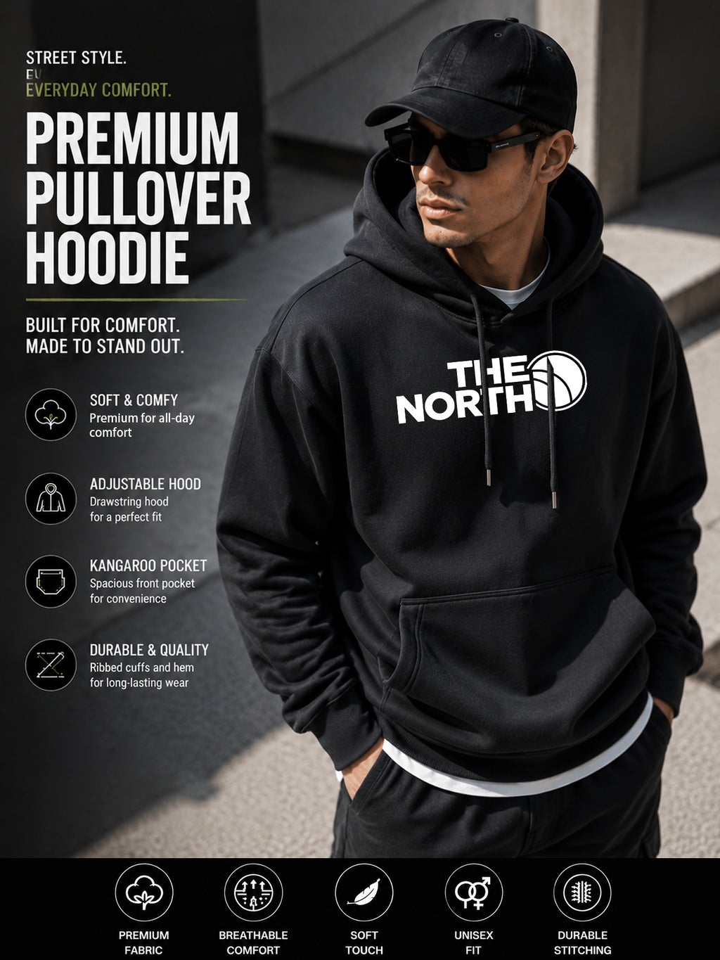 THE NORTH Outdoor Brand Logo Graphic Large Front Print Men's Fashion Hooded Sweatshirt Autumn/Winter Long Sleeve Hooded Pullover Jacket Outdoor Functional Casual Style Daily Wear Outdoor Enthusiast Gift Father's Day & Halloween Gift & Christmas Gift - Black
