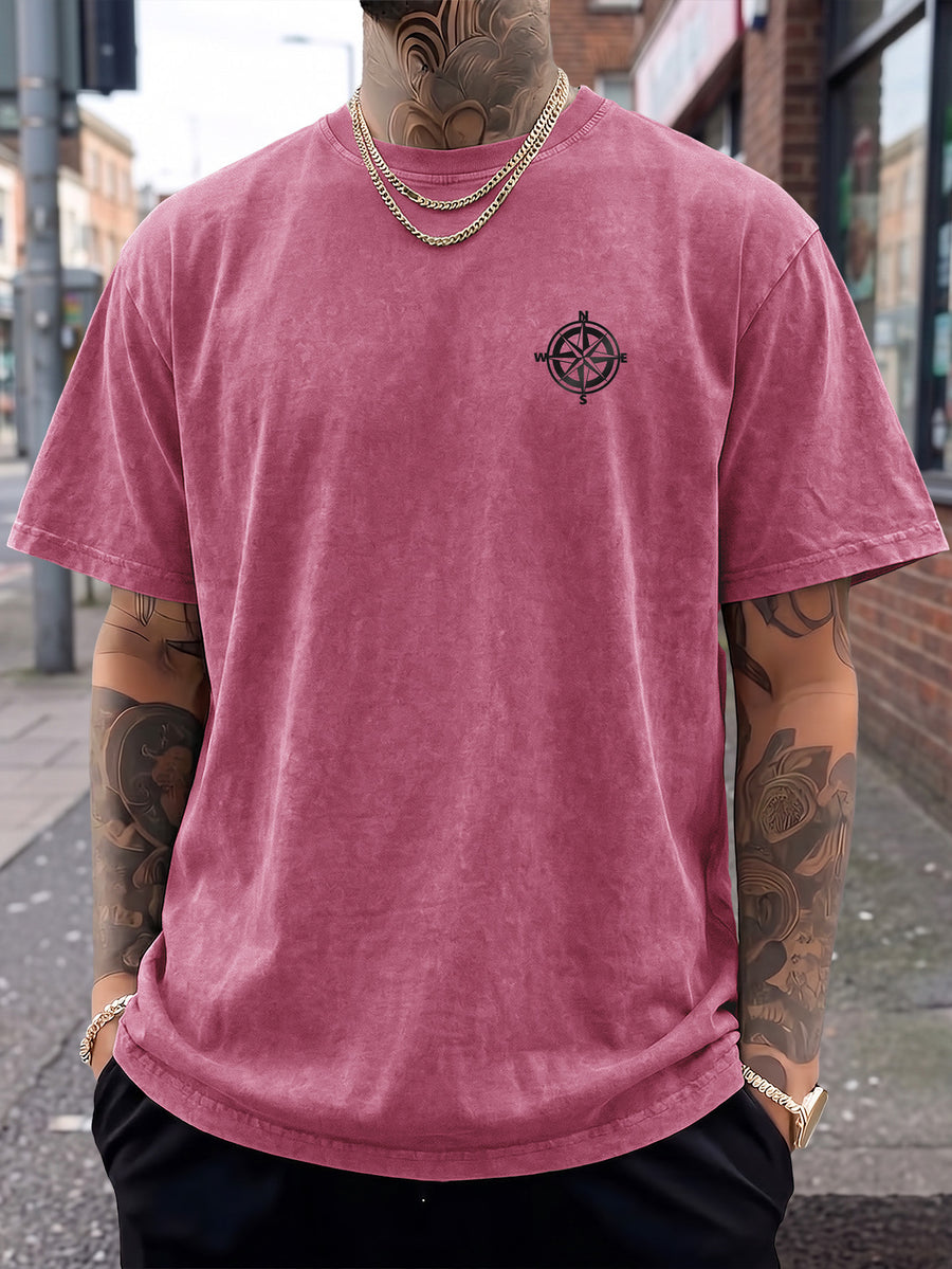 Short Sleeve T-Shirt, Half-Sleeve Top, Pure Cotton Washed Distressed Loose Fit, Compass Print, Multiple Colors for Mix and Match, American Streetwear, Chinese National Trend, High Street, Hip-Hop, Y2K Style, Daily Streetwear, Sports - Rose Red