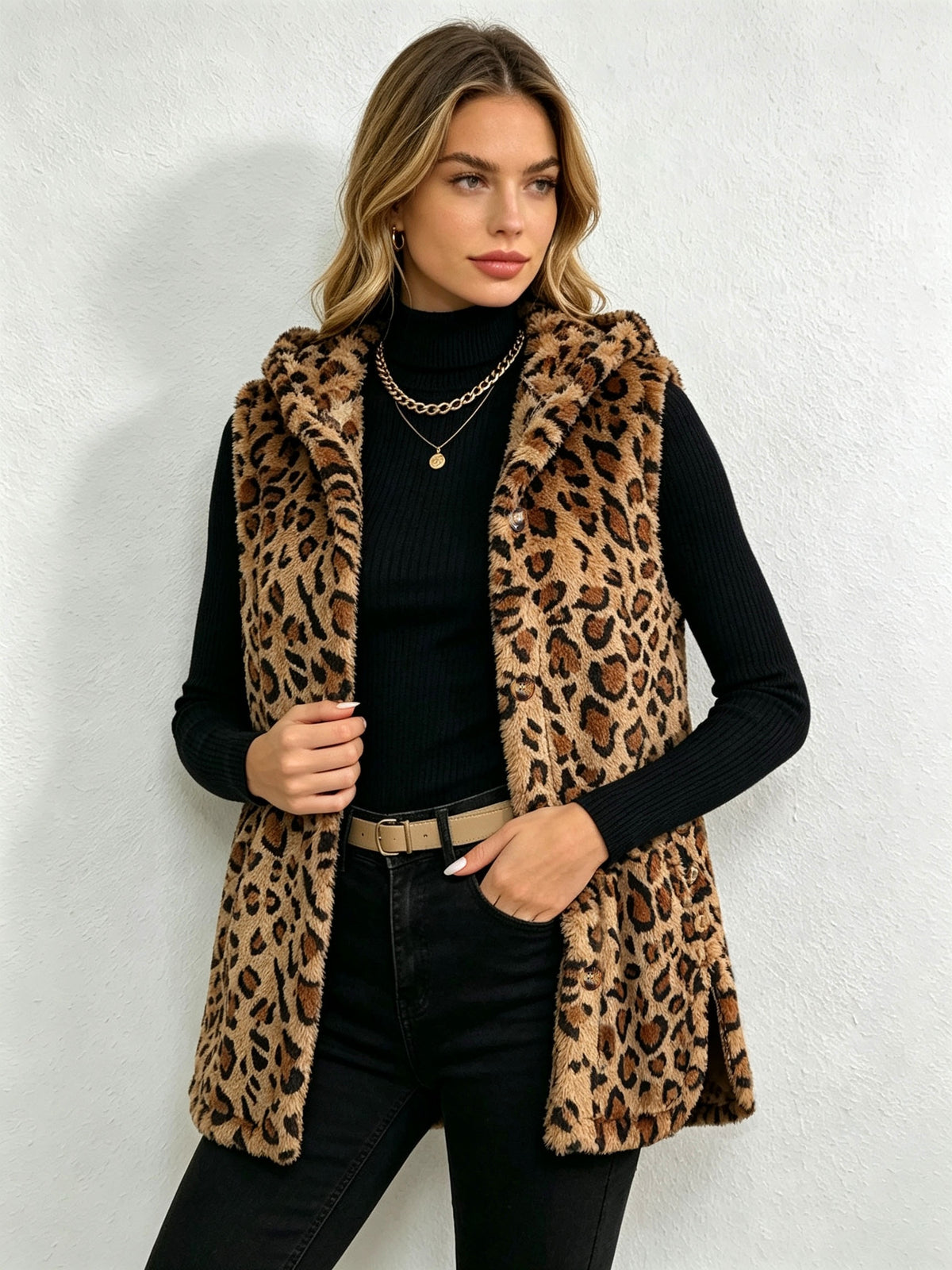 Women'S Adult Winter Casual Daily Jacquard Diamond Double-Faced Fleece Warm Fleece Pullover Vest Jacket - Leopard Print