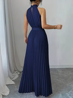 High-society Style Temperamental Off-shoulder Halter Neck Dress for Women, Summer Design with Cinched Waist, Tie-up Detail, Pleated, Loose Fit, and Full Flared Hem - Blue