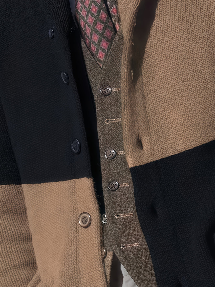 Men'S Elegant Patchwork Lapel Knit Cardigan, Unisex Color-Block Sweater Button-Up Jacket, Fashionable Casual Sweater for Men, Regular Fit for Spring And Autumn - Black