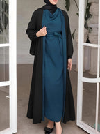 New Style Middle Eastern Muslim 2pcs Abaya Set - Women's Modest Stylish Black & Teal Contrast Long Coat & Wrap Neck Belted Dress for Ramadan Daily & Gatherings - Peacock Blue